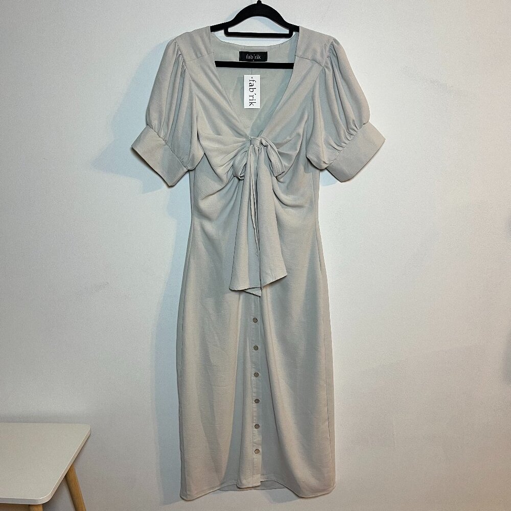 NWT Fabrik Coralie Puff Sleeve Button Front‎ Midi Dress Gray Cream Small **STAIN